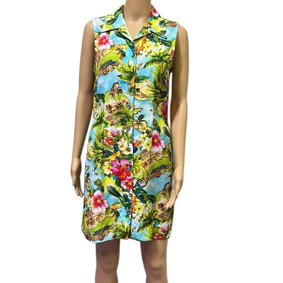 connected apparel Dresses & Skirts - Vintage Y2k Collared Blue Tropical Button Front Sleeveless Dress Womens Medium